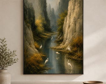 Egret Oil Painting, Misty Wetland Landscape Canvas, Large White Bird Wall Art for Farmhouse Living Room Bedroom Decor