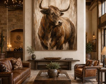 Bull Wall Art, Brown Bull Oil Painting, Hand Painted Rustic Animal Canvas, Western Farmhouse Decor for Living Room Office