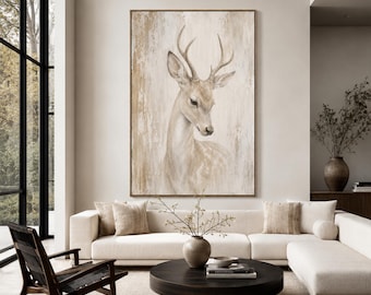 Deer Oil Painting, Neutral Woodland Animal Wall Art, Large Rustic Deer Portrait Canvas for Farmhouse Living Room Bedroom Decor