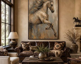 Horse Oil Painting, Neutral Equestrian Wall Art, Large Textured Canvas for Living Room Bedroom Rustic Decor