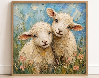 Peinture à l'huile d'agneau, oeuvre d'art murale de mouton, toile d'animal de ferme peinte à la main pour décoration de salon et chambre à coucher