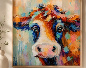 Colorful Cow Oil Painting, Farmhouse Animal Wall Art, Large Cow Portrait Canvas for Living Room Bedroom Decor