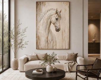 White Horse Oil Painting, Neutral Equestrian Wall Art, Large Rustic Horse Portrait Canvas for Living Room Bedroom Decor