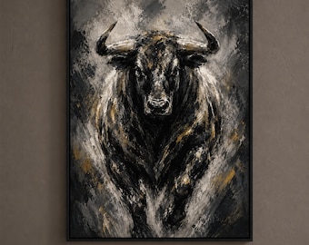 Bull Wall Art, Black Bull Oil Painting, Hand Painted Rustic Animal Canvas for Living Room Office Decor