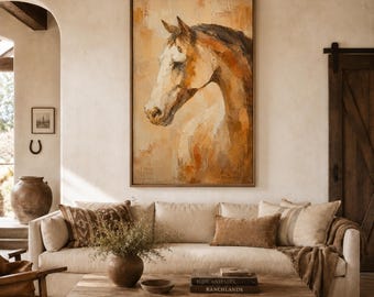 Brown Horse Oil Painting, Neutral Equestrian Wall Art, Rustic Horse Portrait Canvas for Living Room Bedroom Decor
