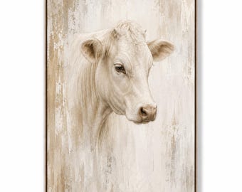 White Cow Oil Painting, Neutral Farm Animal Wall Art, Large Rustic Cow Portrait Canvas for Farmhouse Living Room Bedroom Decor
