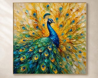 Peacock Wall Art, Peacock Oil Painting, Hand Painted Bird Canvas for Living Room Bedroom Decor