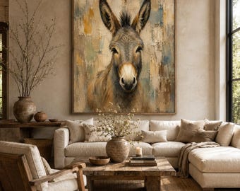 Donkey Oil Painting, Rustic Farm Animal Wall Art, Large Donkey Portrait Canvas for Farmhouse Living Room Bedroom Decor