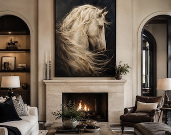White Horse Oil Painting, Dramatic Equestrian Wall Art, Large Rustic Horse Portrait Canvas for Living Room Bedroom Decor