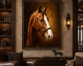 Hand Painted Brown Horse Oil Painting, Realistic Equestrian Wall Art, Rustic Horse Portrait Canvas for Living Room Decor