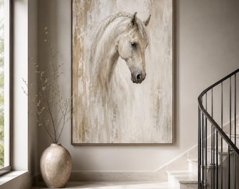 White Horse Oil Painting, Neutral Farmhouse Animal Wall Art, Large Rustic Equine Portrait Canvas for Living Room Bedroom Office