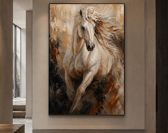 White Horse Wall Art, Abstract Wall Art Oil Painting, Hand Painted Running Horse Canvas, Rustic Equestrian Decor