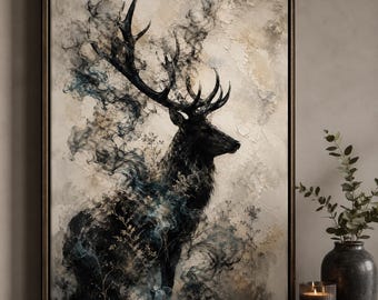 Deer Wall Art, Stag Oil Painting, Hand Painted Rustic Woodland Wildlife Canvas, Cabin Decor for Living Room Bedroom