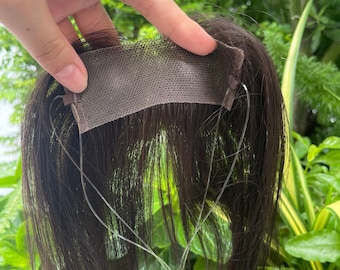 Aplique de cabelo humano sem presilhas, modelo halo castanho escuro com franja cortina.