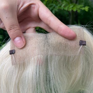 Platinum Blonde Human Hair Topper, Clip-Free Halo Wire, 10x4cm Base, Curtain Bangs