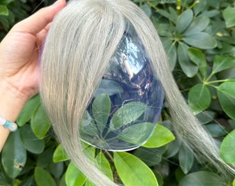 25cm Silver Grey Human Hair Topper with Bangs, 4x6 Lace Base