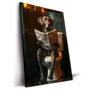 May include: A Weimaraner dog is seated on a toilet, reading a newspaper titled "Bark Chronicles." The dog is in a bathroom setting with dark walls and a vintage light fixture. The image is a humorous depiction of a dog in a human-like situation.