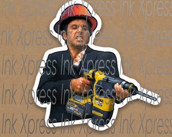 Funny Scarface drill gun hardhat sticker