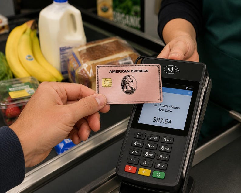 May include: A rose gold American Express credit card with a metallic finish, a gold chip, and a centurion logo, held near a black electronic payment terminal displaying the text Tap / Insert / Swipe Your Card and a total amount of $87.64 on the screen.