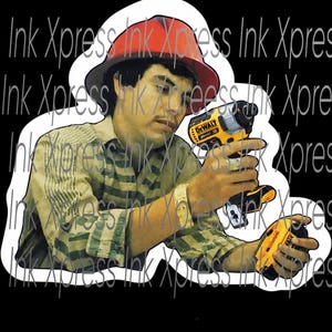 May include: A digital illustration of a person wearing a red hard hat and a plaid shirt, holding a yellow and black DeWalt drill. The drill has the text "DeWalt 20V 20" on it. The background is black with the text "Ink Xpress" repeated.