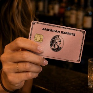 May include: A rose gold American Express credit card featuring a metallic finish, a gold EMV chip on the left, and the iconic centurion logo in a circular frame. The text AMERICAN EXPRESS is printed in black at the top center of the rectangular card.