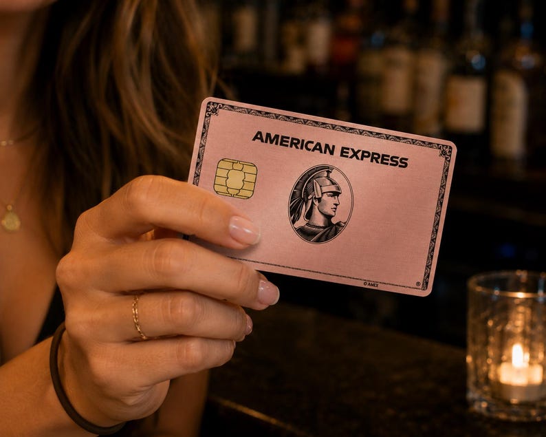 May include: A rose gold American Express credit card featuring a metallic finish, a gold EMV chip on the left, and the iconic centurion logo in a circular frame. The text AMERICAN EXPRESS is printed in black at the top center of the rectangular card.