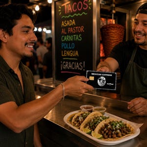 May include: A black credit card with the text MEXICAN EXPRESS and a graphic of a person in a cowboy hat, being handed over a counter. In the foreground, a white plate holds four tacos topped with cilantro and onion, next to lime wedges.