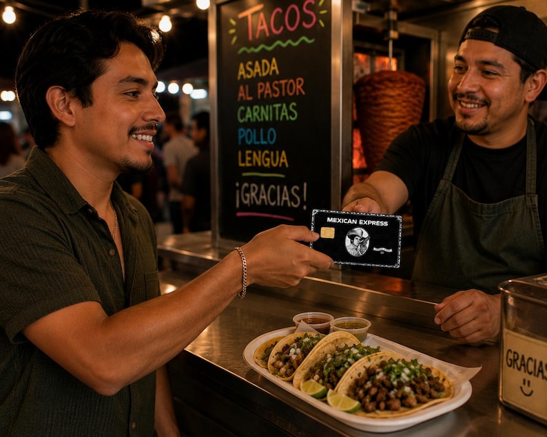 May include: A black credit card with the text MEXICAN EXPRESS and a graphic of a person in a cowboy hat, being handed over a counter. In the foreground, a white plate holds four tacos topped with cilantro and onion, next to lime wedges.