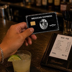 May include: A black credit card labeled MEXICAN EXPRESS featuring a circular illustration of a person in a cowboy hat holding a revolver. The card includes a gold chip and a decorative border. A bar tab receipt with a total of $87.50 is visible nearby.