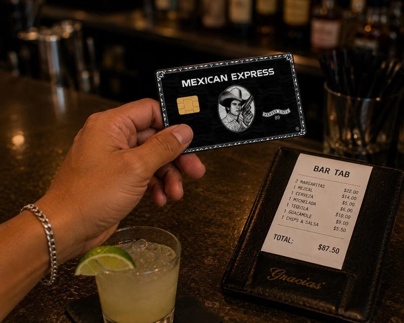 May include: A black credit card labeled MEXICAN EXPRESS featuring a circular illustration of a person in a cowboy hat holding a revolver. The card includes a gold chip and a decorative border. A bar tab receipt with a total of $87.50 is visible nearby.