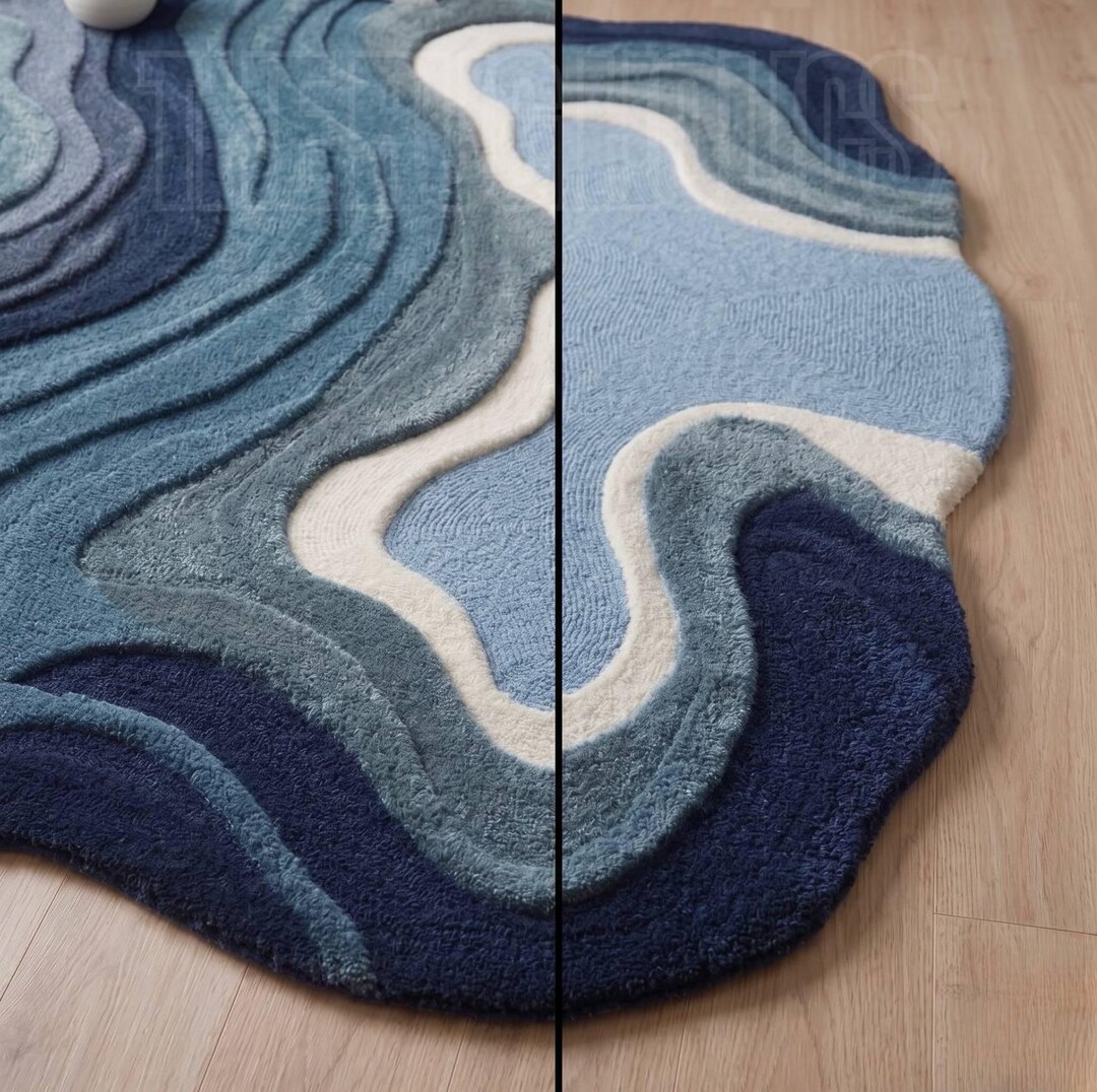3D Blue Wave Rug Abstract Hand Tufted Wool Area Rug Modern Ocean ...