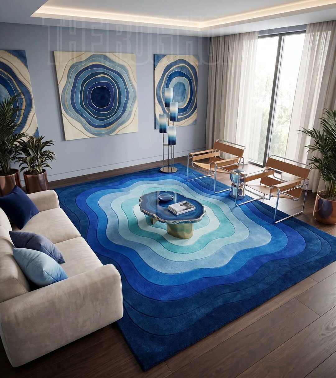3D Blue Wave Hand Tufted Wool Rug | Ocean Gradient Coastal Area Rug for ...