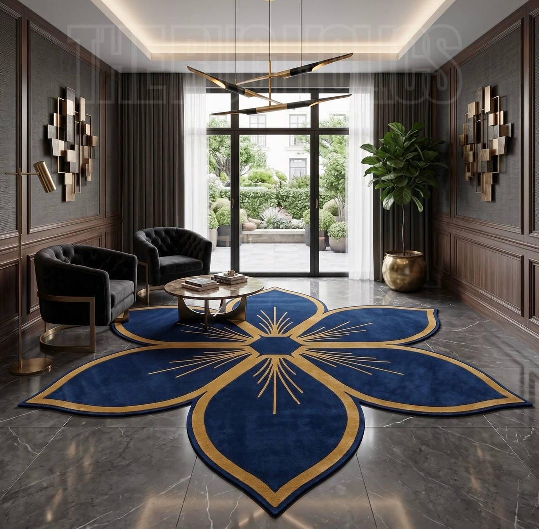 Geometric Blue and Gold Flower Mandala Rug, Mid Century Modern Navy ...
