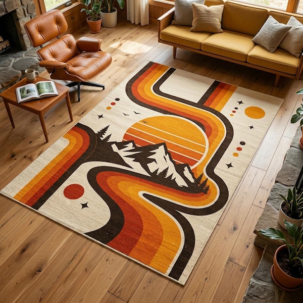 Retro Mountain Sunset Rug, Mid Century Landscape Area Carpet, Cabin Home Decor
