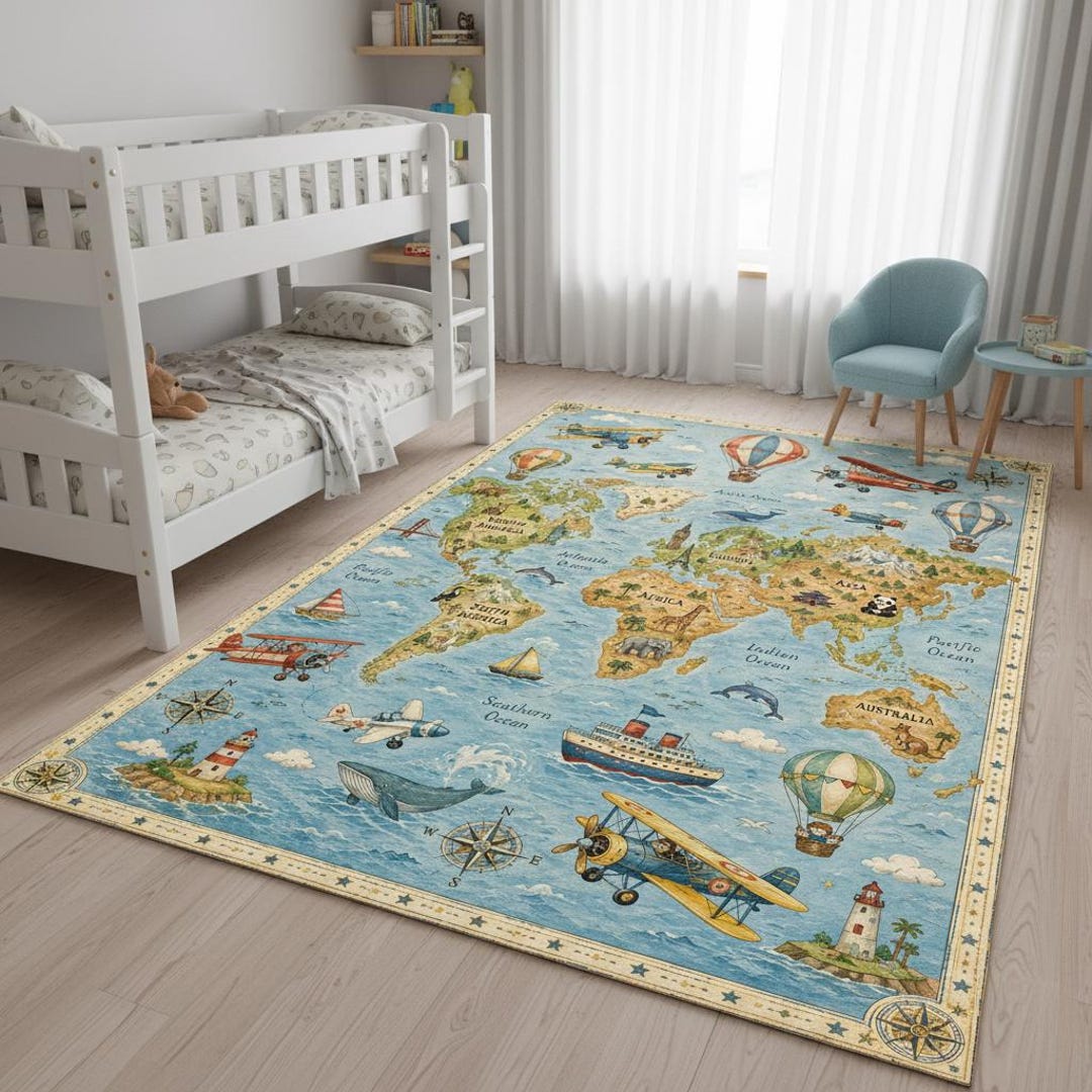 World Explorer Rug Vintage World Map Kids Rug, Adventure Nursery Carpet, Airplane Explorer ...
