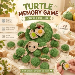 May include: A crochet pattern for a turtle memory game featuring text that reads TURTLE MEMORY GAME CROCHET PATTERN. The image displays multiple small, green, round crocheted turtle shells with various colored centers and a larger turtle.