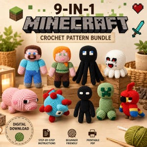 9-in-1 Minecraft Inspired Crochet Pattern Bundle PDF, Steve Alex Creeper Enderman Pig Ghast Parrot Amigurumi Patterns Digital Download