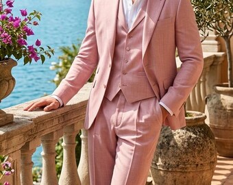 Pink Linen Men's Suit | 3 Piece Wedding Suit | Blush Groom Suit