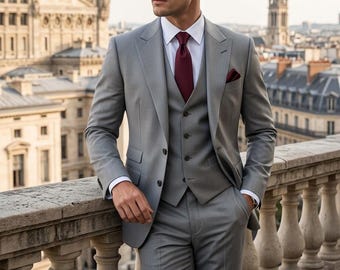 Terno masculino moderno cinza de 3 peças: elegante traje sob medida para noivo.