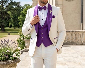 Weißer und lila 3-teiliger Herrenanzug: Formelle Bräutigam-Kleidung, formeller Abschlussballanzug, Slim Fit-Blazer-Hosen-Set, individueller Anzug