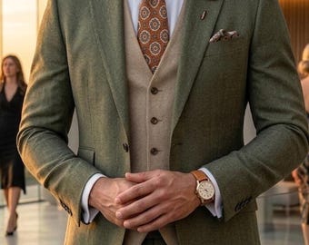 Olivgrüner 3-teiliger Anzug für Männer, Hochzeitsanzug Bräutigam, Slim Fit Business Anzug, Herrenwestenanzug