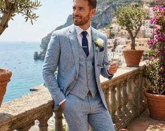 Men's Sky Blue Linen Suit – Slim Fit 3-Piece Wedding Groom Attire