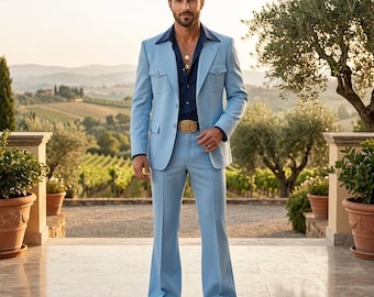 Traje de ocio azul claro estilo vintage de los años 70 para hombre / Conjunto retro de dos piezas con solapa ancha y pantalones acampanados / Traje disco a medida