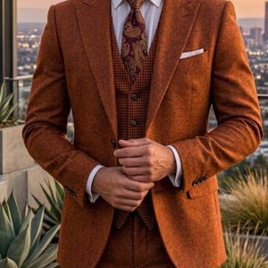 Burnt Orange 3 Piece Men Suit | Rust Wool Blend Suit | Fall Wedding Groom Attire