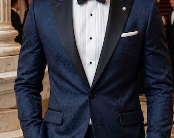 Marineblauw herenkostuum met jacquard bloemen, trouwkostuum voor heren, slim fit formeel pak, outfit bruidegom galabal