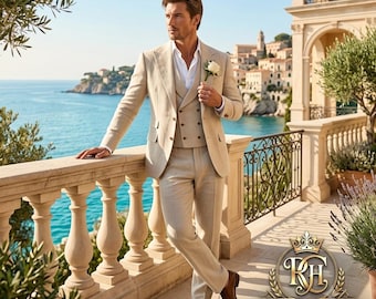 Mens Linen Suit 3 Piece | Beige Wedding Suit for Men