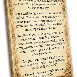 May include: A rectangular wall art piece featuring the text The Tale of Two Wolves printed in black on a beige parchment-style background. The text is framed by an ornate, decorative border with intricate scrollwork and floral patterns.