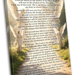 May include: Canvas art print featuring the text of Psalm 91, with images of angels. The artwork has a light background with the text in a classic font. The image includes two angels with outstretched wings.