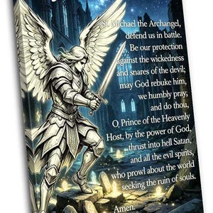 May include: Canvas print depicting St Michael the Archangel, holding a sword, with the "Prayer to St Michael" text. The image shows a night sky and a gothic cathedral. The artwork is a religious themed piece.