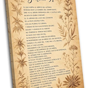 May include: A canvas print with the text "Salmo 91" in a decorative font, framed by botanical drawings. The artwork has a vintage, aged look, with the text in Spanish. The overall theme is religious and inspirational.